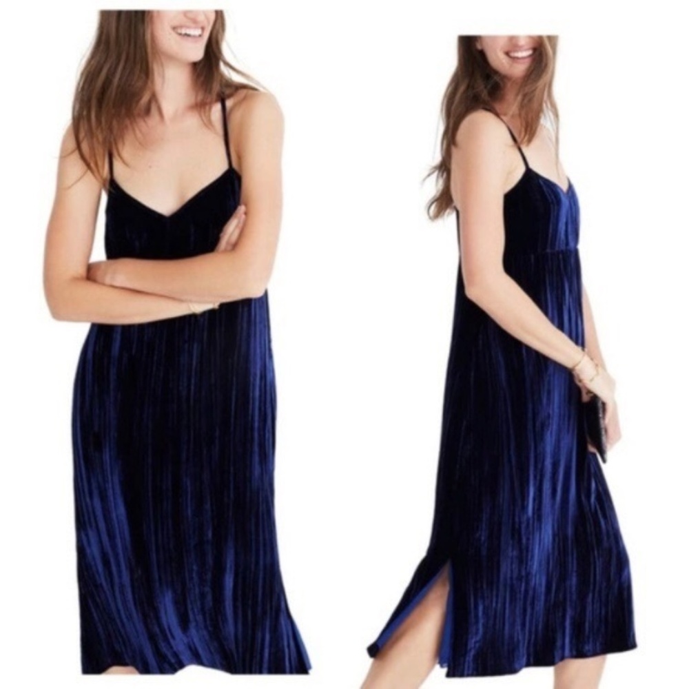Madewell Blue Crushed Velvet Midi Slip Dress